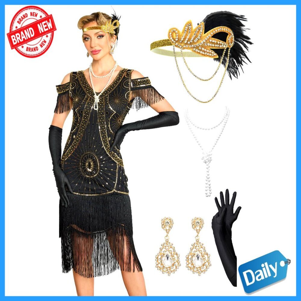 1920s Flapper Dress with Accessories Set, Mesh Fabric, Sequin Fringe